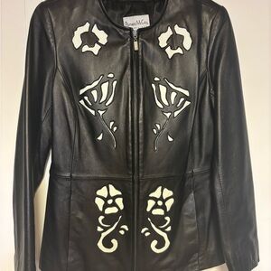 Pamela McCoy Black Leather Jacket with White Floral Cutouts